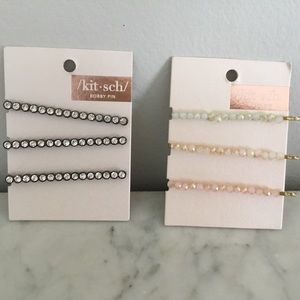 3 Hematite Rhinestone and 3 Pearlized Neutral Tone Faceted Beaded Bobby Pins